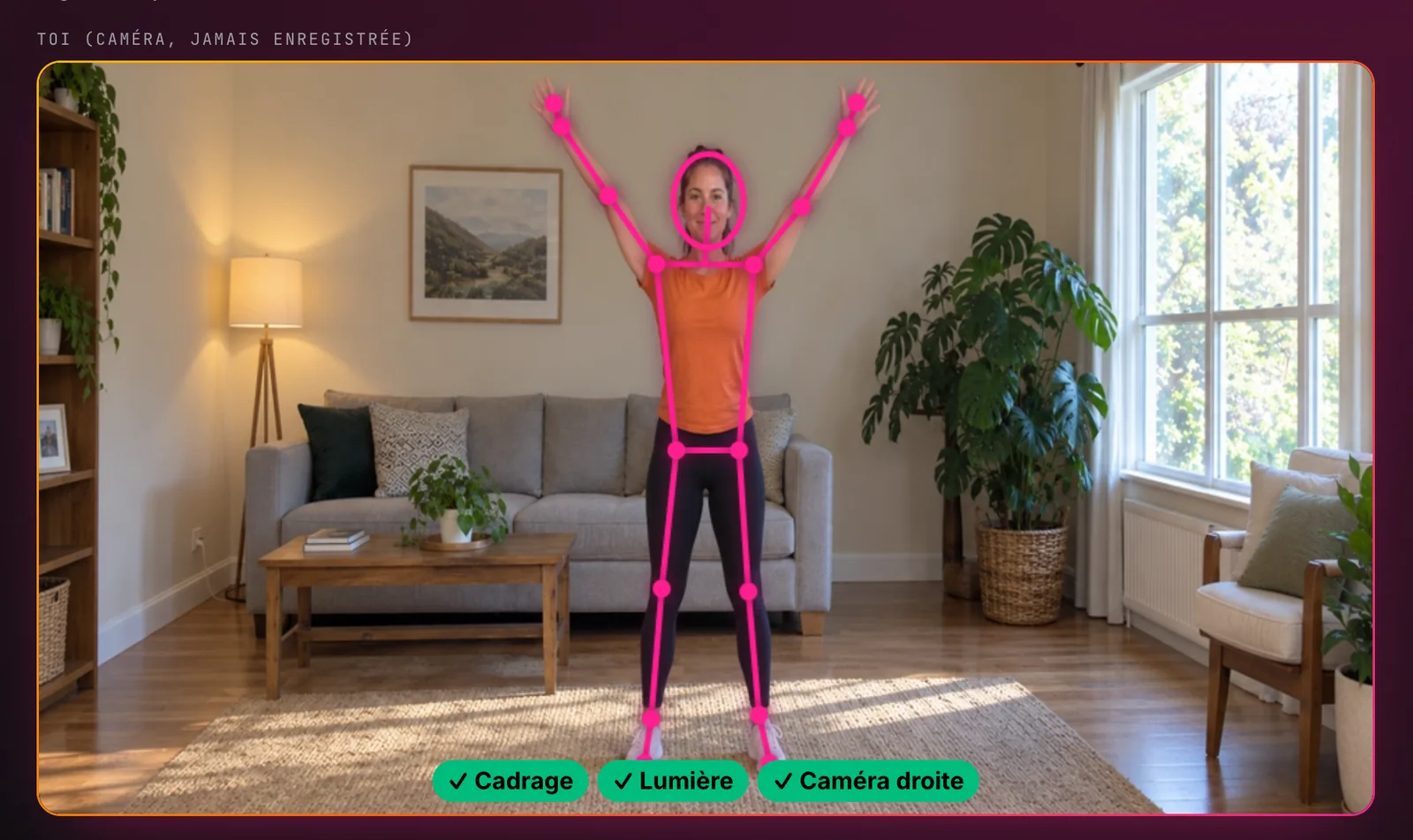 Le réglage de la caméra : une élève debout et de face, entière dans l’image, son double numérique tracé sur elle et les trois voyants cadrage, lumière et caméra droite.